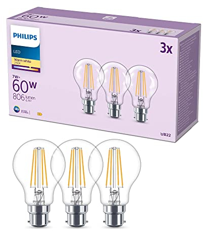 Philips Lot de 3 ampoules LED A60 [Blanc chaud 2700 K – Culot à baïonnette B22] 60 W, non dimmable. Pour éclairage domestique, 929001387493