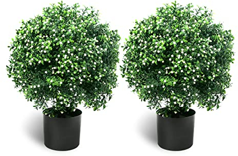 Sunnyglade 21.6” Tall Artificial Jasmine Topiary Ball Tree Set of 2 Pack Potted Bushes UV Resistant Potted Plants for Indoor Outdoor Home Garden (White)