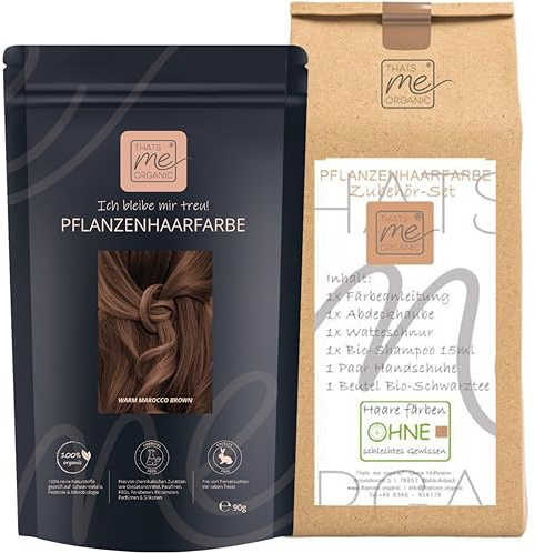 Thats me Organic® Profi Pflanzenhaarfarbe + Zubehörset (warm marocco brown) – Bio Haarfarbe ohne Chemie – Haarfarbe für gesundes Haarefärben auch während Schwangerschaft und Stillzeit