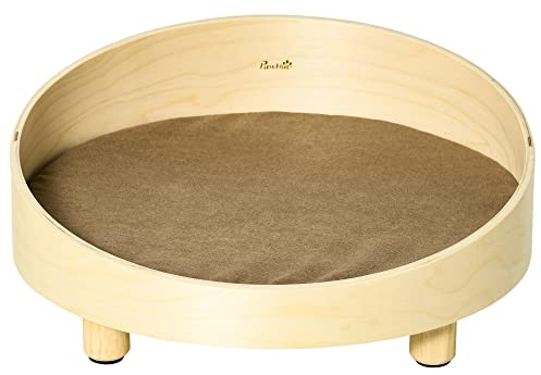 PawHut Hundesofa aus Ratten Erhöhtes Haustiersofa mit Kissen Katzensofa Hundebett Haustierbett Hundeschlafplatz für minimale Hunde waschbarer Bezug Holzbeine Natur+Hellbraun Ø59 x 23,5 cm