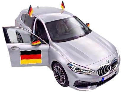Auto Fahnen Deutschland Set - 2 Autofahnen 30 x 45 cm & 2 Außenspiegelfahnen Überzieher & Sticker, Fußball Fanartikel FZG für EM & WM, Deutsche Flagge Fahrzeug Deko