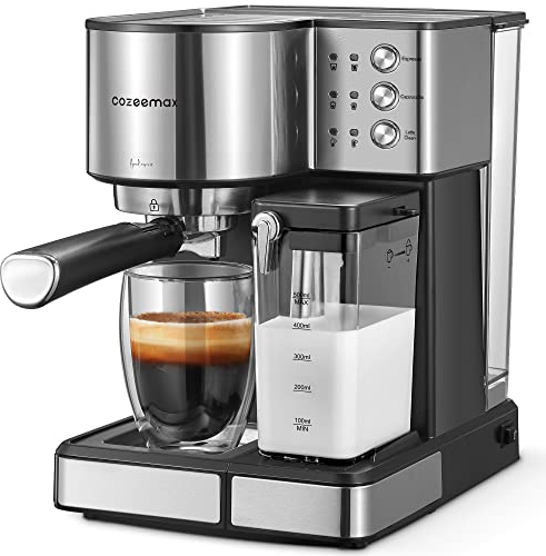 Cozeemax Caffettiere con Schiumatore di Latte, Caffettiere 1,8L, Macchine da Caffè e Macchine per Espresso 15 Bar, Piccola Caffettiera Elettrica Acciaio Inossidabile 1350W