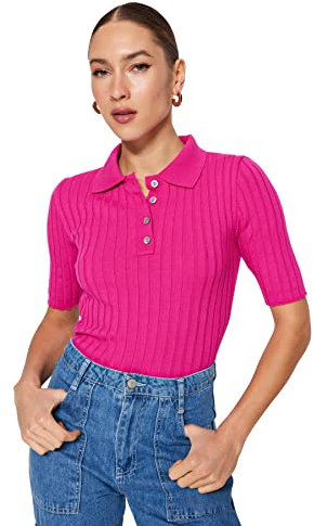 Trendyol Suéter de Punto básico Delgado con Cuello Polo para Mujer, Fucsia, S