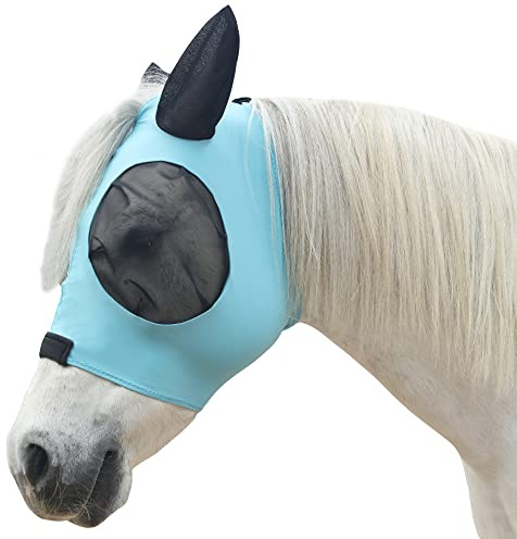 LEAFOREST Maschera per mosche in maglia di cavallo con orecchie, maschera morbida in lycra anti-UV con orecchie blu Pacifico, pieno