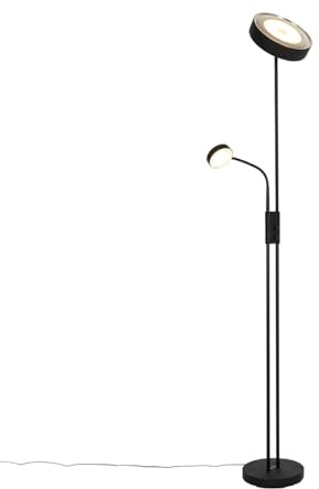 Qazqa led Retro Deckenfluter mit Lesearm, Stehleuchte, Stehlampe - Kelso - Schwarz, inkl. 29W integrierter LED, 2700K, warmweiß, dimmbar, 2-flammig, 180cm, Ideal als Bürolampe und Schlafzimmerlampe