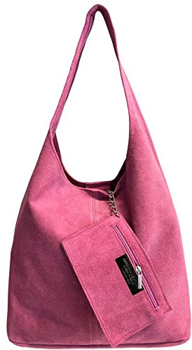 Modarno Umhängetasche Damen Wildleder Clutch Umhängetasche Shopper Damen Echt Leder, Rosa Gummi