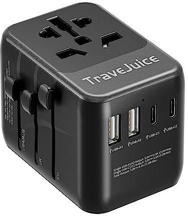 TraveJuice Universal Travel Adapter, 5-in-1 Worldwide Adapter with 2 USB-C & 2 USB-A Outlets, Supports US to UK, AU, European Plugs, Black