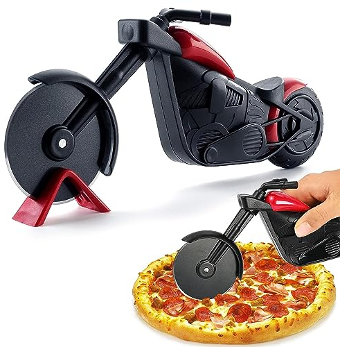GEFIRE Motorrad Pizzaschneider Edelstahl Pizza Schneider, Lustige Pizzaschneider, Pizzaroller Motorrad, Motorrad Geschenke für Männer,Kunststoff-Motorrad-Radschneider(Schwarz & Rot)
