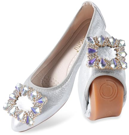 MACHSWON Women's Ballet Flats Sparkly Rhinestone Wedding Ballerina Shoes Foldable Portable Comfort Slip on Flat Walking Shoes
