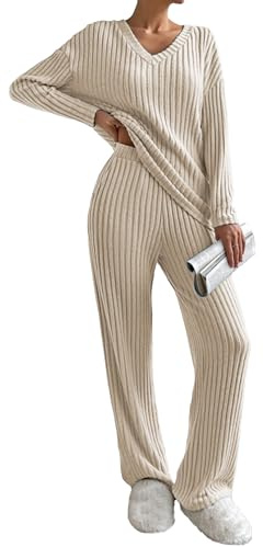 Famulily Womens Soft Ribbed Oversized V Neck Jumpers and Wide Leg Trousers Sets with Pockets, 2 Piece Outfits Tracksuits Lounge Wear Ladies Pyjamas Set (M, Beige)