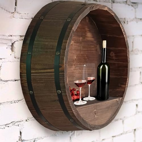 RVUEM Regal FüR Bourbon Whisky FäSser, Whiskyfass Dekor, Vintage Weinregal Zur Wandmontage, Weingut Dekorative WeinfäSser, Halbfassform, FüR Weinbar Und Heimdekoration,Braun,Diameter 40cm