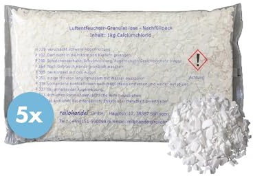 reilo 5x 1kg LOSES Luftentfeuchter Granulat (Calciumchlorid), loses Granulat für passende Entfeuchterboxen, Lufttrockner für Wohnräume, Schlafzimmer, Keller