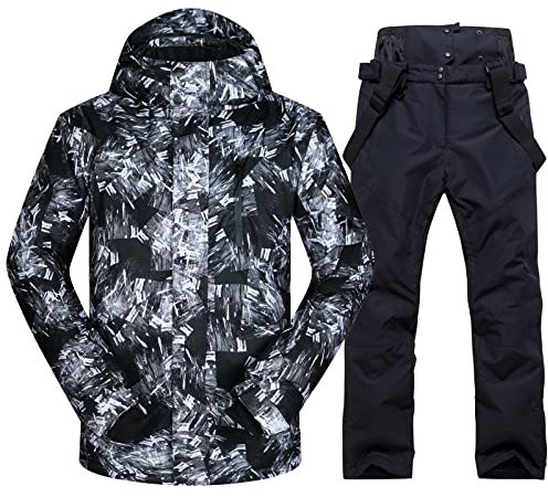 Herren-Skijacke und Hose, Skianzug, Winter, wasserdicht, winddicht, mit Kapuze, Schneemantel, 2-teilig, Snowboard- und Schneeanzüge, Schwarz, Medium