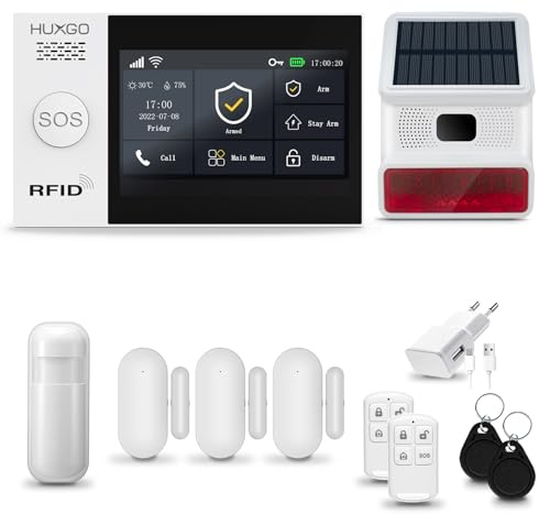 HUXGO® HXA007 Sistema de Alarma inalámbrico con Sirena Solar Exterior WiFi + gsm 4G | Kit Alarma con 1x Sensor de Movimiento, 3X alarmas de Puerta/Ventana | Idioma Español
