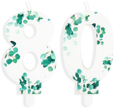 Eucalyptus Leaf Number 80 Candle Decorations,Happy 80th Birthday Candles,Beautiful Green Leaf Candles,Stunning Candles for Men Women Birthday Cake Anniversary Celebration Party Decoration Supplies