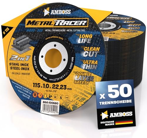 50 x metallskärskiva Ø 115 x 1 x 22,23 mm – metallkapsylskivan Metal Racer av AMBOSS Tool är lämplig för stål och rostfritt stål, stål/Inox skärskiva 115 lämplig för vinkelslipmaskiner