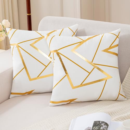 Jayusaror Kissenbezug 40x40 Weiß Samt Sofakissen Geometrie Golden Dekokissen Weiche Herbst Kissenhülle Kissenbezüge Moderne Zierkissen Bezug für Sofa Schlafzimmer Wohnzimmer 2er Set