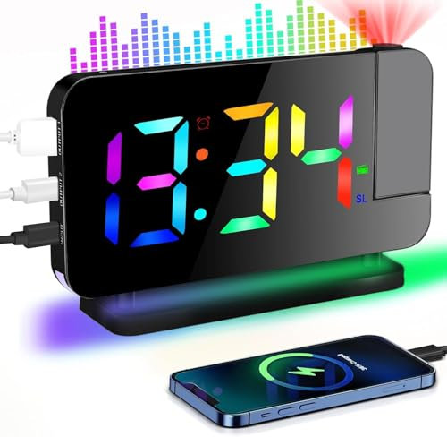 Digital Projection Alarm Clocks for Bedrooms,LED Mirror Digital Alarm Clocks with 180° Rotatable Projector, RGB Night Light,USB Charger Port, Auto Dimmer, Snooze function,FM radio function (Black)