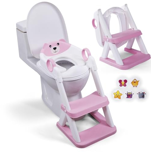 EzyWay Potty Training Seat with Stickers, Upgraded Toddler Toilet Seat for Kids Boys & Girls, 2 in 1 Potty Toilet with Splash Guard Anti-Slip Pad Step Stool (Pink)