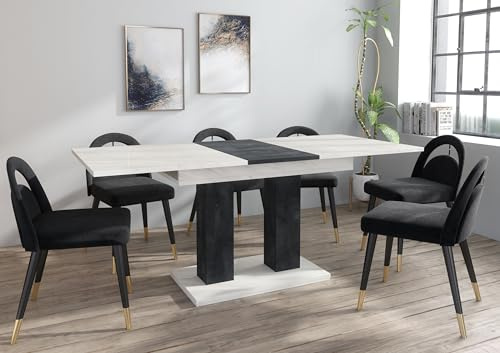 Furneo Theo 05 – Modern Extendable Dining Table, 140–180 cm, White Marble and Black Concrete Effect Finish