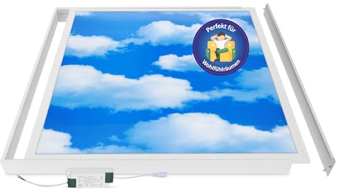 LECOM LED Panel 62x62 3D Sky Himmel Wolken Tageslicht Aufbau Wolkendecke | LED Deckenleuchte mit Aufbaurahmen für glatte Decken. Sky Design mit realistische Wolkendecke schafft freundliche Atmosphäre.