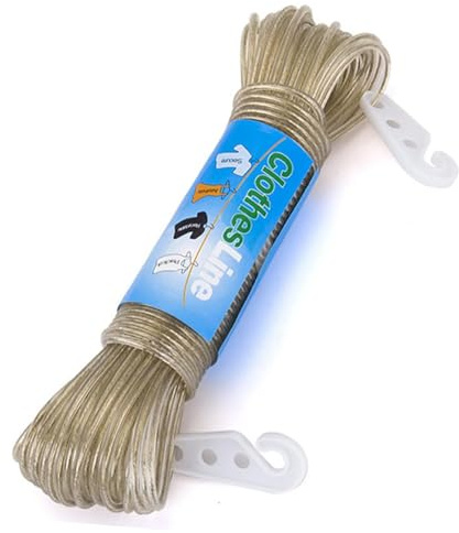 Wäscheleine mit Stahlkern, robuste Wäscheleine mit 2 Spannern, dicker, starker Kunststoff, PVC-überzogen, Wäscheleine für drinnen und draußen, Garten, 20 m x 2 mm