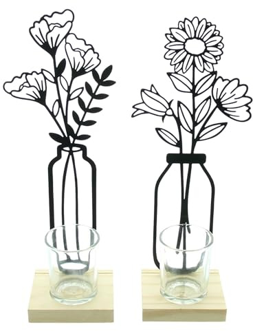 FRANK FLECHTWAREN Teelichthalter Metallblumen, 2er Set, Metall, Mattschwarz, Holz Maße: 8 x 7 x 27 cm, Glaseinsatz Ø 5 x 6 cm, ohne Kerzen. stilvolles Design, Vielseitige Dekoration