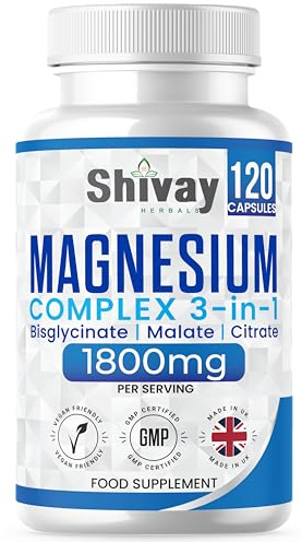 Magnesium Glycinate 3 in 1 Complex | 1800mg Per Serving - 384mg Elemental Mg | High Strength Magnesium Bisglycinate, Malate, Citrate | 120 Vegan Capsules | Made in The UK by Shivay Herbals