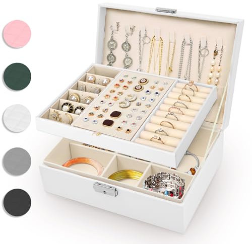 Eucomir Jewellery Box for Women, Travel Jewellery Box 2 Layers Large Jewelry Organizer Box PU Leather Jewelry Box for Girls Rings Bracelets Earrings Necklaces, Milky White