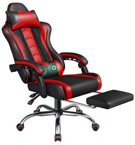 Yaheetech Ergonomic Gaming Chair PU Leather Height Adjustable Black/Red | Massage lumbar pillow, high-resilience foam cushion, stain-resistant easy-wipe PU leather, 90-135° lockable recline