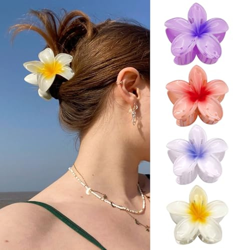 LunarCharm 4 pièces pinces à cheveux fleurs colorées, pince à cheveux antidérapante Hawaii, pinces à cheveux en acrylique mignonnes pour femmes, pour cheveux épais et fins, accessoires de cheveux en