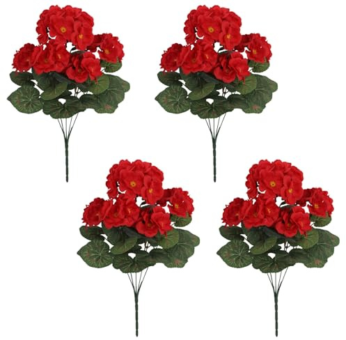 AQCQDQ 4 Stück Künstliche Geranien Seidenblumen für Den Außenbereich, UV Beständig, Florale Heimdekoration, Innengarten, Terrasse (Rot)