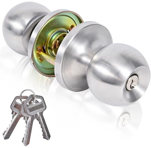 YELANGU Keyed Door Knob Set, Satin Nickel,1 Pack(Silver) | Stainless steel finish with 3 keys;fits 35-50mm doors and 60-70mm backset;reversible latch for entry,bedroom and back doors.