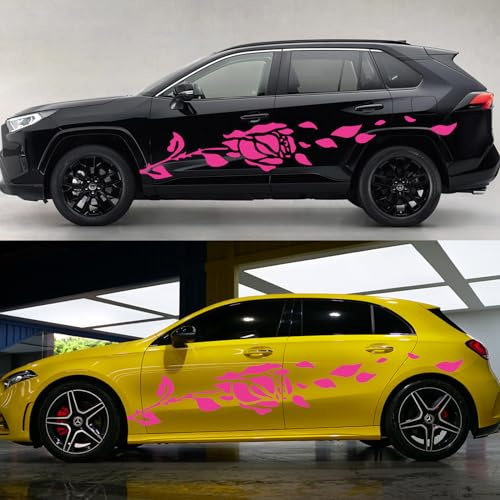 2Pcs Auto Karosserie Seite Aufkleber Rosenblume Dekorative Auto Aufkleber,Universal Große Vinyl Grafik Florale Körper Selbstklebende Aufkleber für Auto/LKW/SUV(D-Rosa)
