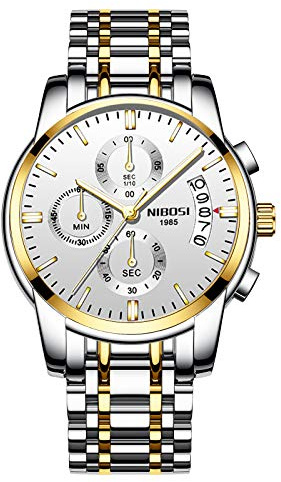 NIBOSI Orologio da Polso Cronografo, Quadrante Bianco, Bracciale Bicolore Argento e Oro, Elegante, Raffinato, Lusso, alla Moda, Impermeabile, Indistruttibile, Massiccio, Casual, Sportivo, Regalo