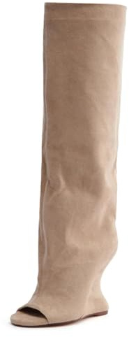 Yishaweiqi Wildleder-Kniehohe Stiefel für Damen, Peep-Toe, Keilstiefel, zum Überziehen, offener Zehenbereich, Sommerstiefel, Beige, 41.5 EU