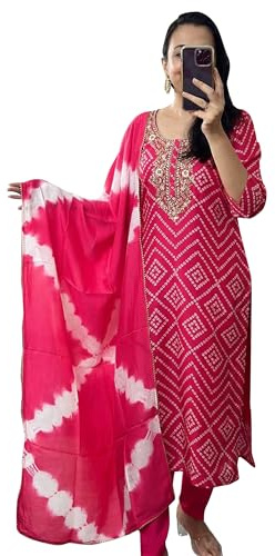 IMTRA FASHION Ensemble Kurti Imprimé Bandhani pour Femme avec Robe Tunique Brodée au Col-XL