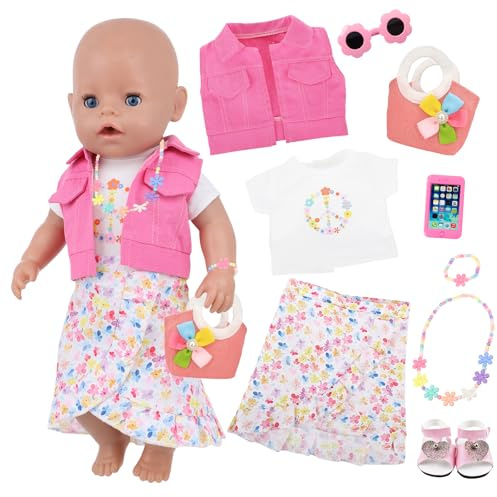 Puppenkleidung 36-43 cm für Baby Puppen, 14–18 Zoll Puppenkleidung Puppenkleid mit Jacke T-Shirt Taschen Schuhe Brille Handys Halsketten Armbänder Mädchen Kinder Geburtstagsgeschenk