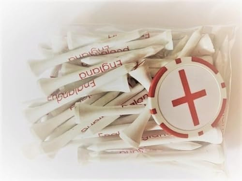 ORANGE BOOM England Printed Golf Tees plus St George Flag Poker Chip Ball Marker. 40 x Tees plus 1 x Ball Marker. UK SUPPLIER
