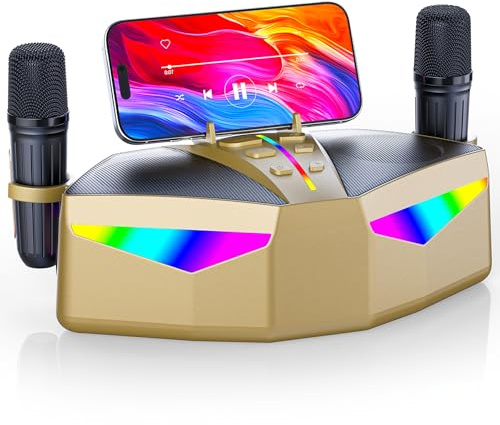 Karaoke-Maschine : Echter Tragbarer Lautsprecher mit 35W, 8-Stunden-Autonomie, 2 Aufladbare Drahtlose Mikrofone, LED, Karaoke-Maschine für Erwachsene & Kinder (CHJ161-Golden)