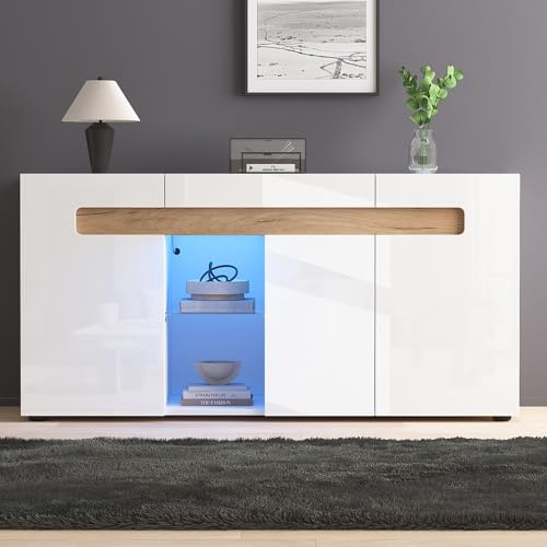 PUGSDRLY Buffet Moderne à 3 Portes 140 x 40 x 70 cm,Commande d'éclairage LED, Meuble de Salon avec Commande Via Application, White Meuble de Salon Brillant avec étagère en Verre