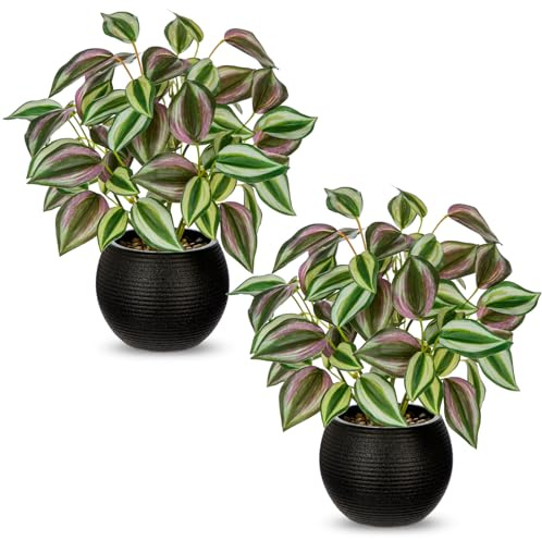 Briful Set of 2 Small Artificial Plants in Pot - Tradescantia Zebrina Fake Plants in Black Pots, 11.8 Decorative Houseplant Artificial Greenery for Living Room, Office, Shelf, Table Decoration
