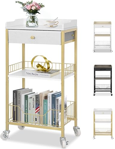 QILOXENTRA Gold & White Side Table with Storage Basket, Tall End Table with Drawer, 4-Tier Bathroom Storage Shelf with Optional Wheels, Nightstand for Dorm, Living Room, Bedroom