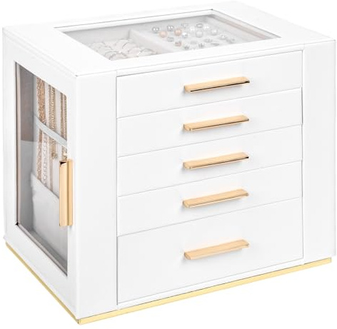 Yieseang Schmuckaufbewahrung Groß,Schmuckkästchen Mädchen,Schmuck Organizer Schublade,Schmuckkasten mit Glasdeckel,Jewelry Box für Ohrringe,Uhren,Ringe,Schmuckbox für Weihnachten,Valentinstag,Weiß