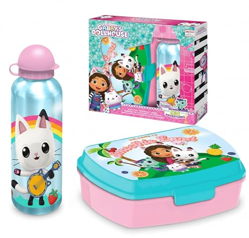 SRV Hub Gabbys Dollhouse Set de boîte à lunch et gourde en aluminium pour enfants – Boîte à lunch en plastique sans BPA & Gourde de sport anti-fuite de 500 ml – Légère, cadeaux de Noël, boîte à lunch