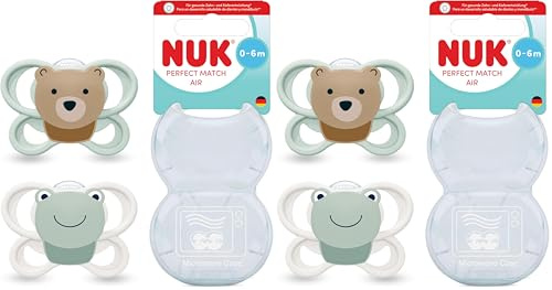 NUK Perfect Match Air Baby Schnuller | 0-6 Monate | Orthodontische Beruhigungssauger, die Luftzirkulation fördern & Speichel-Ausschlag verhindern | 95% Baby-Akzeptanz** | Bär/Frosch | 2 Stück