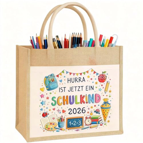 Geschenktüte Einschulung – Jutetasche Hurra Schulkind 2026 Mädchen Mit Schleife, Schultüte Alternative Zum Schulanfang, Geschenk Tasche Für Schulstart Feier Deko 31x27x16 Cm