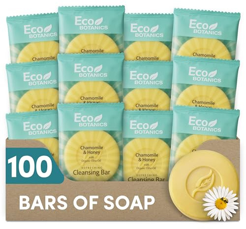 Eco Botanics Travel Size Hotel Cleansing Soap Bar 100 Count 0.5 oz Bottles Guest Amenities for Hotels Vacation & Short Term Paraben Free White Tea Scent with Aloe & Olive Oil