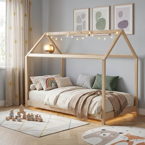 Panana Children Wood House Bed Frame, Wooden House Style Childrens Bed Frame for Toddlers and Kids (Natural)
