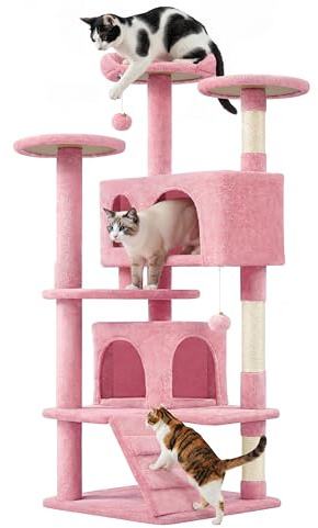 Yaheetech Arbre à Chat Multi-Niveaux 139 cm Rose | 2 Niches, 3 Plateformes et 2 Boules en sisal, Structure Stable, Convient pour 3 à 4 Chats
